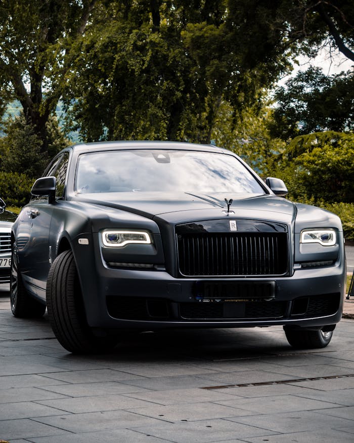 A luxury black car parked on a concrete pavement surrounded by green foliage, symbolizing elegance and sophistication.